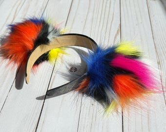 Faux Fur Pom Pom Headband – Multicolored Costume Headwear, Rave Festival