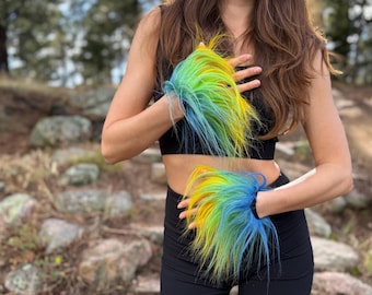 SALE Neon Blue, Green & Yellow Faux Fur Wrist Cuffs – Costume Accessory