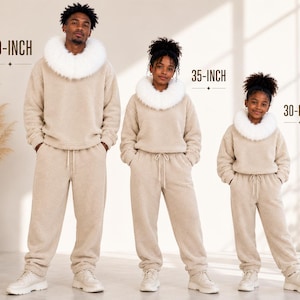 May include: Three beige fleece loungewear sets, each featuring a long-sleeved pullover with a white faux fur collar and matching drawstring sweatpants. The sets are labeled as 40-inch, 35-inch, and 30-inch sizes, displayed on three individuals.