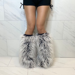 Mongolian Arctic Wolf Luxury Shag Ultra Fluffy Faux Fur Legwarmers for Dance, Costumes, Theater, Spirit Animal, Gray Black White Fur SM/M
