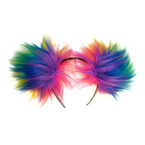 Electric Rainbow Luxury Handmade Faux Fur Pom Pom Headband - Multicolored Unicorn Furry Costume Headwear - Rave Cosplay Festival