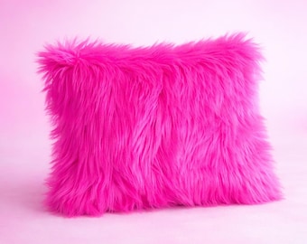 Hot Pink Faux Fur Stuffed Accent Pillow | Fairycore Glam Throw Lumbar Pillow | Bright Pink Cushion