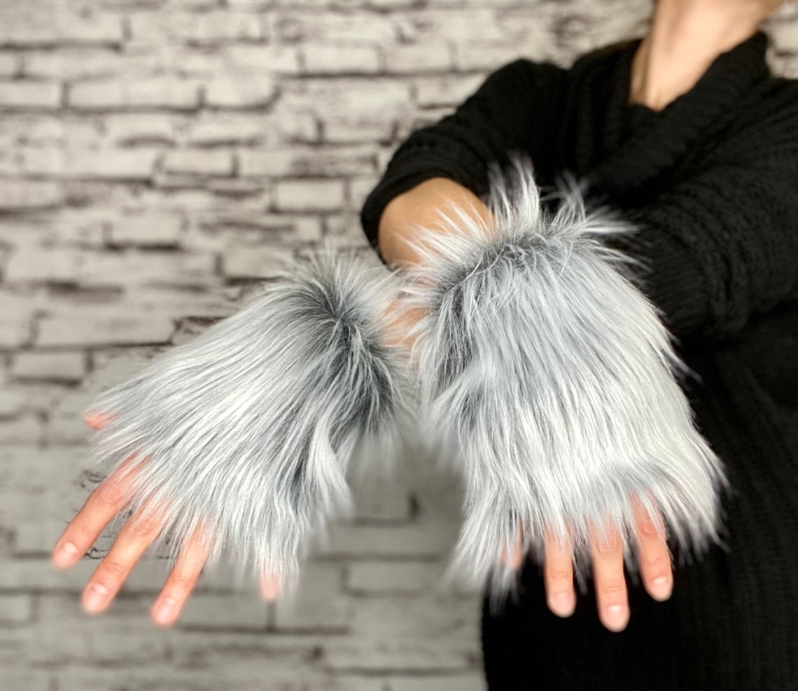 Luxury Shag Frosted Wolf Faux Fur Wrist Cuffs Double Length Etsy