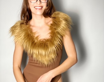 Mongolian Caramel Lion Costume Onesie with Attached Mane - Adult SMALL