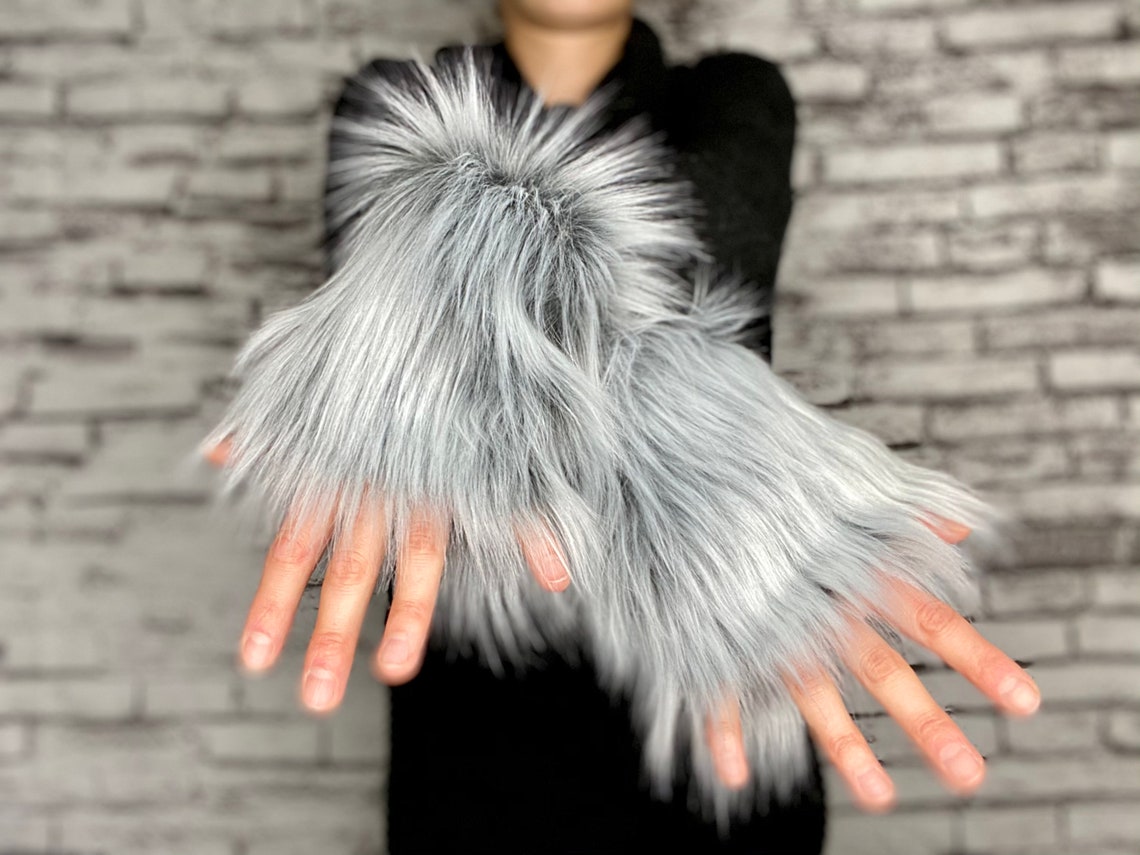 Luxury Shag Frosted Wolf Faux Fur Wrist Cuffs Double Length Etsy