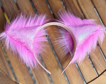 Pink Faux Fur Cat Ears Headband – Handmade Costume Hair Accessory