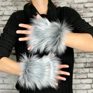 Luxury Shag Frosted Wolf Faux Fur Wrist Cuffs Double Length - Open Ended Hand Accessories - Wrist Warmers Fur Costume