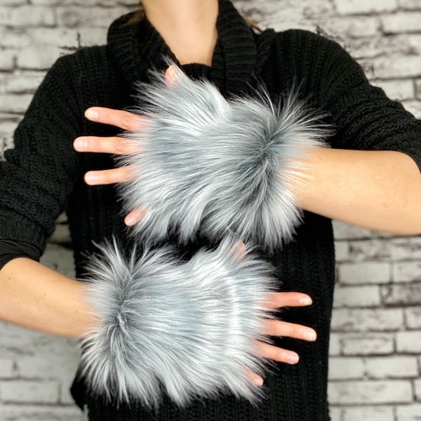 Luxury Shag Frosted Wolf Faux Fur Wrist Cuffs Double Length - Open Ended Hand Accessories - Wrist Warmers Fur Costume