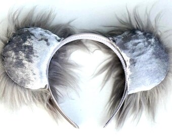 Luxury Gray Crushed Velvet Mouse / Koala Ears Headband – Faux Fur Costume Ears, Soft Luxury Animal Ears, Fairycore Cosplay Accessory