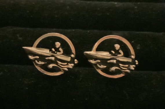 Vintage Cuff Links Man In Water On Boat. Goldtone… - image 6