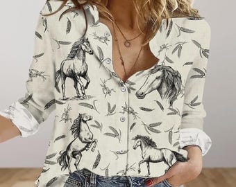 Equestrian Horse Women's Blouse, Slub Linen Look Casual Shirt, Farm Animal Button Up Top, Gift for Horse Lovers