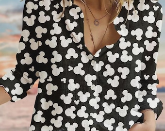 Cute Cartoon Mouse Women's Blouse, Slub Linen Look Classic Casual Shirt, Nostalgic Animation Fan Button Up Top, Gift for Her