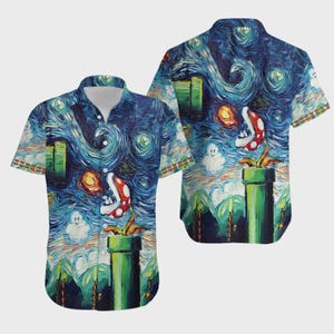 Retro Arcade Game Starry Night Hawaiian Shirt, 8-Bit Gamer Plant Button Down, Classic Video Game Art Top, Geek Gift
