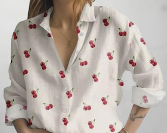 Cute Cherry Print Women's Blouse, White Slub Linen Look Button Up Shirt, Fruit Pattern Summer Casual Outfit, Sweet Vintage Style Top