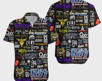 Classic Rock Band Hawaiian Shirt, Retro Music Festival Button Down, Unisex Rock and Roll Collage Aloha Top ,Father's Day Gift