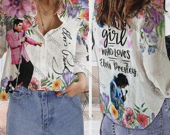 Vintage Rock n Roll Women's Blouse, Slub Linen Look Casual Button Down Shirt, All Over Print Music Fan Gift, Inspired by Elvis Presley