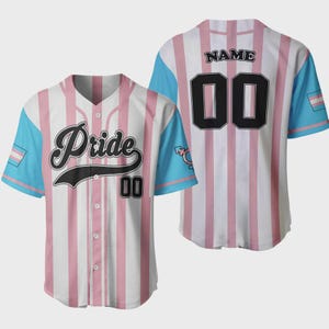 May include: Baseball jersey with a white and pink striped design. The jersey features light blue sleeves and accents, with the word "Pride" in black script on the front. The number "00" is displayed on the front and back, with the word "NAME" above the number on the back.
