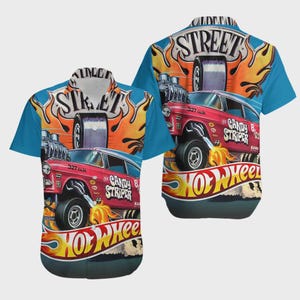 Hot Wheels Candy Striper Racing Hawaiian Shirt, Retro Classic Car Flame Pattern Button Down, Toy Car Collector Gift Hotrod Summer Top