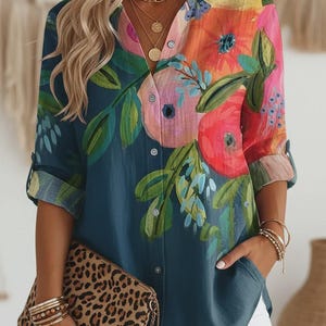 Abstract Floral Boho Women's Blouse, Artistic Flower Print Casual Shirt, Vibrant Bohemian Button Up Top, Unique Gift for Her