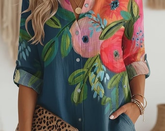 Abstract Floral Boho Women's Blouse, Artistic Flower Print Casual Shirt, Vibrant Bohemian Button Up Top, Unique Gift for Her