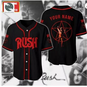 May include: Black baseball jersey with red trim and the word "RUSH" in red across the front. The back features a red pentagram design with a figure and the text "YOUR NAME". The jersey has short sleeves and a button-up front.