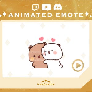 Op de afbeelding: Geanimeerde emote met twee cartoonberen, een bruine en een witte met zwarte accenten, die elkaar omhelzen onder twee roze harten. De afbeelding bevat de tekst "ANIMATED EMOTE" en het logo "NANCEEMOTE".