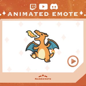 Könnte beinhalten: Animierter Emote mit einem Cartoon-Charizard, einem orangefarbenen Drachen mit blauen Flügeln, der Feuer speit. Der Text "ANIMATED EMOTE" und der Name des Erstellers, "NANCEEMOTE", sind enthalten.