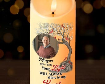 Vela conmemorativa Cadinal: Tu luz siempre brillará. Vela LED con foto personalizada. Vela personalizada. Conmemorativa con foto y nombre. Condolencias.
