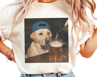 Funny Labrador Drinking Beer Shirt, Silly Sarcastic Yellow Lab Dog Novelty Meme Graphic Tee, Comfort Colors Humorous Pet Lover Gift Women