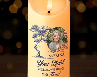 Tu luz siempre brillará Toile De Jouy - Vela LED con foto personalizada, vela personalizada, memorial con foto y nombre, recuerdo de condolencia