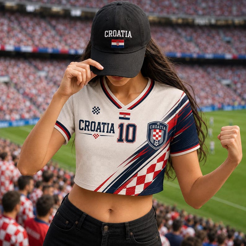 Puede incluir: Una gorra de b&eacute;isbol negra con la palabra CROATIA y una peque&ntilde;a bandera croata bordada en el frente. Una camiseta corta de cuello en V blanca, roja y azul presenta el texto CROATIA, el n&uacute;mero 10, una bandera croata y un escudo en el frente.