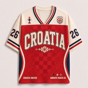 May include: A short-sleeve V-neck jersey in cream, red, and navy blue. The front features the text CROATIA, a checkered pattern, a trophy icon, and the Croatia crest. The sleeves display the number 26, with CROATIA SOCCER and ADRIATIC MATCH 26 text.