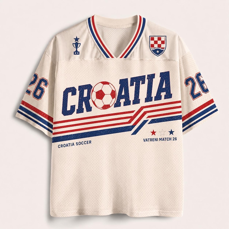 K&ouml;nnte beinhalten: Ein cremefarbenes Mesh-Trikot mit dem Schriftzug CROATIA, bei dem der Buchstabe O als Fu&szlig;ball dargestellt ist. Das Shirt zeigt rote und blaue Streifen, die Nummer 26 auf den &Auml;rmeln, ein Pokalsymbol, das kroatische Wappen und den Text VATRENI MATCH 26.