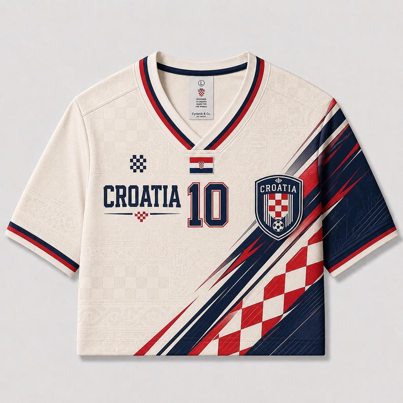 Puede incluir: Una camiseta de cuello en V color crema con el texto CROATIA y el n&uacute;mero 10 en azul marino. La prenda presenta un patr&oacute;n de cuadros rojos y blancos, una peque&ntilde;a bandera croata y un escudo con el texto CROATIA. Rayas azul marino y rojas acent&uacute;an las mangas.