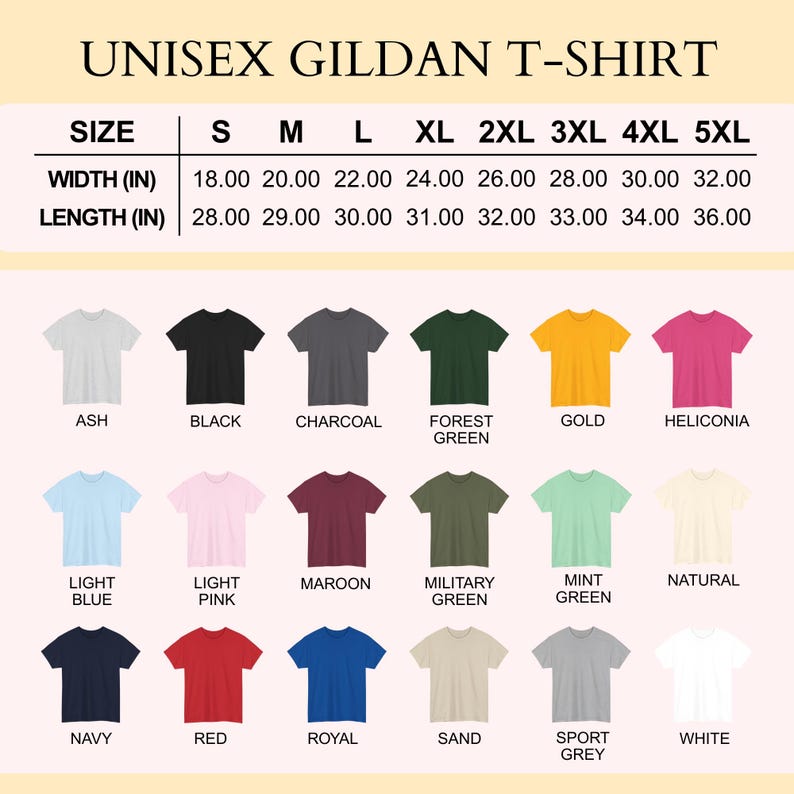 May include: Image of Gildan unisex t-shirts in multiple colours, such as ash, black, charcoal, forest green, gold, and heliconia. A size chart is included, with measurements in inches, equivalent to approximately 45.72 cm to 81.28 cm in width and 71.12 cm to 91.44 cm in length.