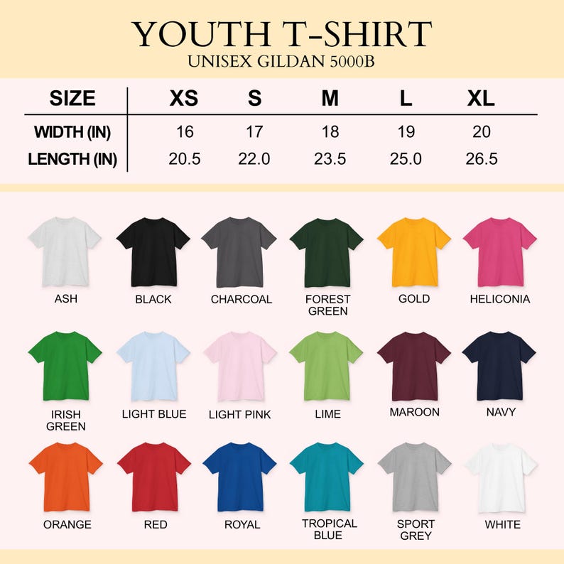 May include: A chart showing youth t-shirt colours and sizes. T-shirts are available in sizes XS to XL, with widths from 40.6 to 50.8 cm and lengths from 52.1 to 67.3 cm. Colours include Ash, Black, Charcoal, Forest Green, Gold, and more.