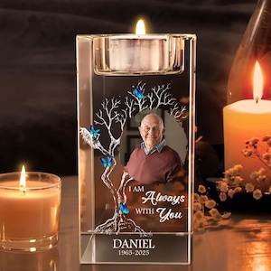 I Am Always With You Memorial - Personalized Crystal Candle Holder, In Memory Gift for Loss of Dad Mom Husband, Loved One, Sympathy Keepsake