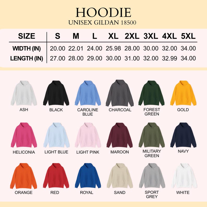 May include: Image of a range of unisex Gildan 18500 hoodies in colours like black, maroon, and royal blue. A size chart is included, with measurements in inches, and the width ranging from 20.00 inches to 34.00 inches, and length from 27.00 inches to 34.00 inches.