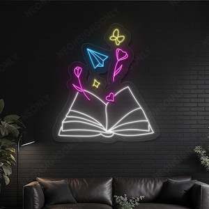 Book Neon LED Sign, Open Book Glow Neon Wall Hanging, Open Book Neon Wall Light Art, Custom Open Book LED Light Sign Library Room Decor