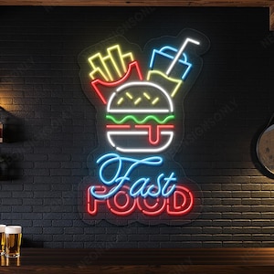 Burger Fries Fast Food Neon LED Sign, Burger Fries Drink Fast Food Neon Wall Light, Fast Food Neon Led Light Food Court Snack Bar Decor