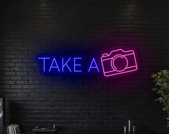 Letrero de neón "Tómate una foto", letrero de neón "Tómate un selfie" con luz de pared LED para cámara para fotomatón, letrero de luz LED para cámara moderna.