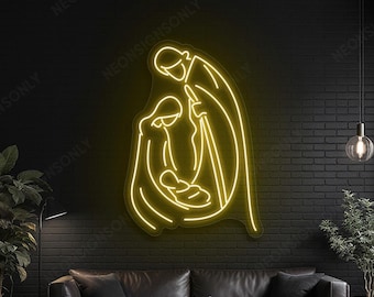 Letrero de neón LED de la Natividad, Ilustración de luz LED de la Natividad, Luz de neón de pared de la Sagrada Familia, Decoración navideña con luz LED de la Iglesia de Jesús, María y José