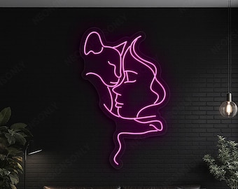 Arte de pared LED minimalista con cara de mujer y gato, letrero de neón con arte lineal de mujer y gato, letrero de neón abstracto para decoración de pared con mujer y amante de los gatos.
