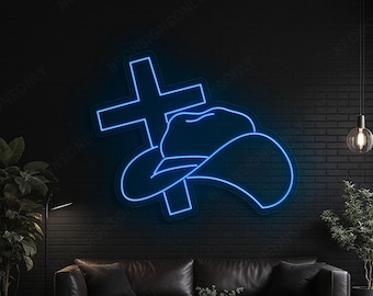 Letrero de neón LED con sombrero de vaquero y cruz, lámpara de pared de neón cristiana occidental con cruz de vaquero, letrero de neón de fe occidental y vida vaquera para decoración de pared.