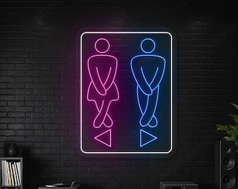 Letrero de neón divertido para baño, letrero de neón para baño con íconos masculinos y femeninos, luz de pared, letrero de neón unisex divertido para baño.