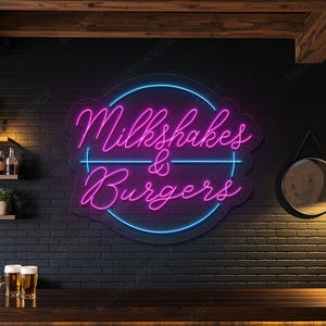 Milkshakes & Burgers LED Neon Sign, Milkshakes Burgers Neon Sign Diner Wall Art, Burgers and Milkshakes Neon Sign, Milkshake Burger LED Sign