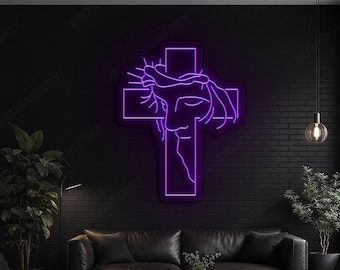 Letrero LED de neón con rostro de Jesús en la cruz, arte de pared con luz LED cristiana moderna con cruz de Jesús, letrero de neón con cruz cristiana y contorno de Jesús.