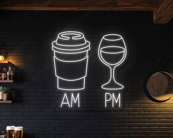 Letrero de neón para taza de café y vino (AM/PM), letrero de neón para decoración de pared de café, vino y vino (AM/PM), letrero LED para bebidas para llevar (AM/PM) y copa de vino.