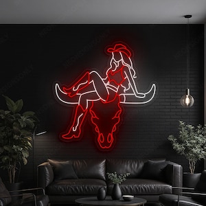 Western Cowgirl Auf Stier Schädel Led Neon Schild, Sexy Cowgirl Longhorn Stier Neonlicht Kunst, Cowgirl Texas Longhorn Schädel Neon Linie Rodeo Decor