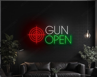 Letrero de neón "Gun Open", Lámpara de pared de neón "Gun Shop Open" para armería, Letrero de neón "Gun Open" para campo de tiro, Letrero de neón "Gun Open" para campo de tiro interior